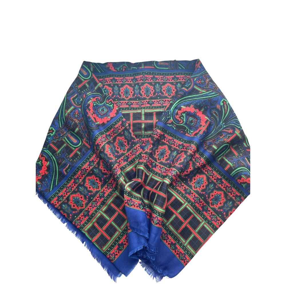 Challis by Berkshire Blue Red Geometric Print Square Scarf Vintage 46"X46" Folk